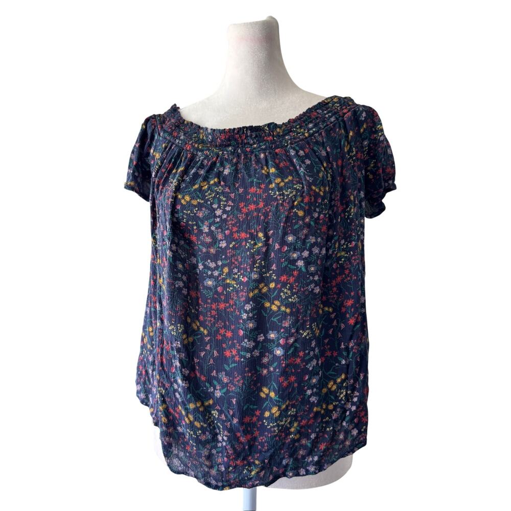 Old Navy Blue Floral Print Short Sleeve Peasant Blouse